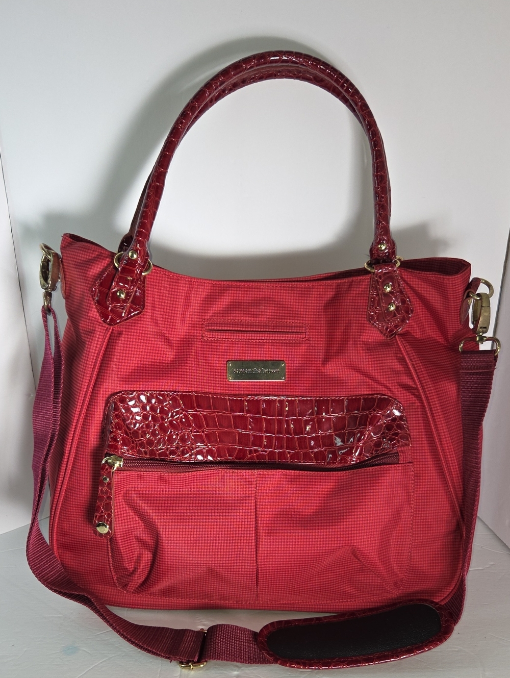 Samantha Brown Red Tote/Travel Bag with Croc-Accent Trim "Like New"
